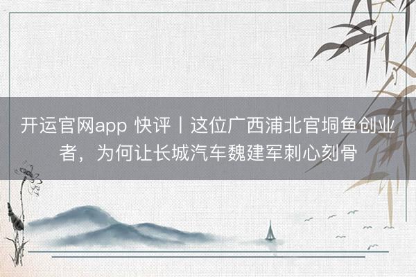 开运官网app 快评丨这位广西浦北官垌鱼创业者,为何让长城汽车魏建军刺心刻骨